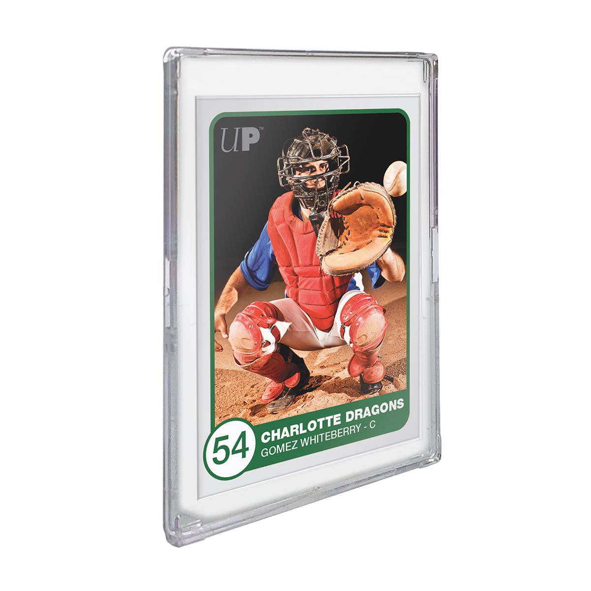 A baseball trading card in a clear protective case, showing a crouching catcher in red gear, with a ball near his glove