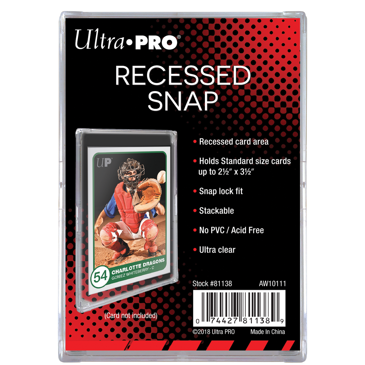 Clear Ultra PRO Recessed Snap trading card holder, shown with an example baseball card inside
