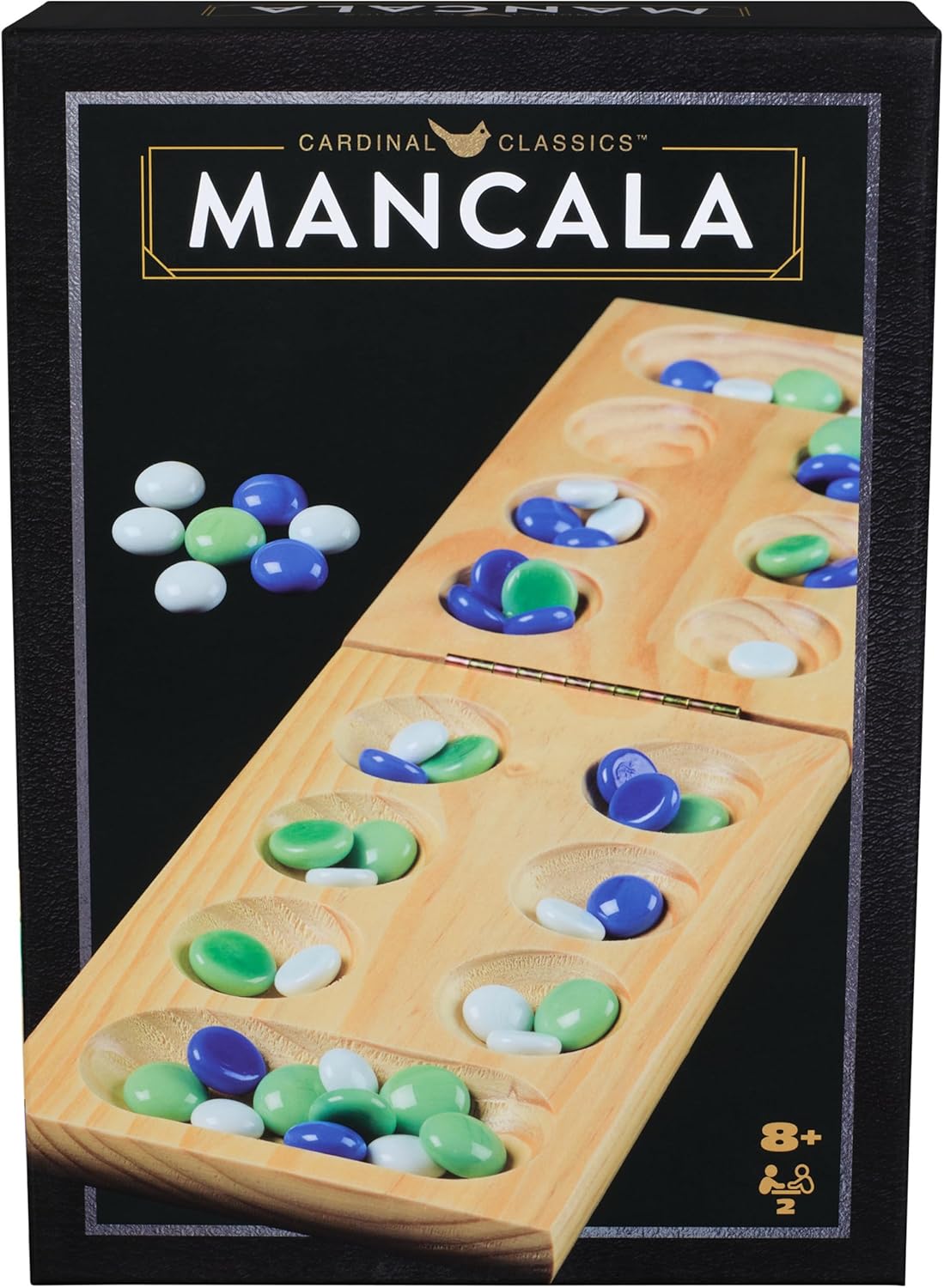 Mancala wooden board with blue, green, and white playing pieces shown on the game box