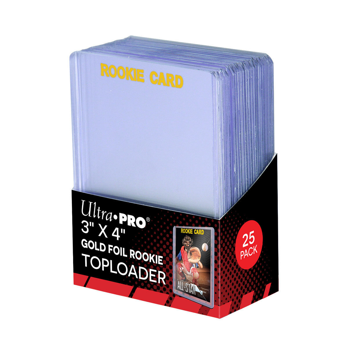 A box of Ultra Pro 3x4 Gold Foil Rookie Toploaders, 25-pack. Clear card sleeves with &quot;ROOKIE CARD&quot; text visible