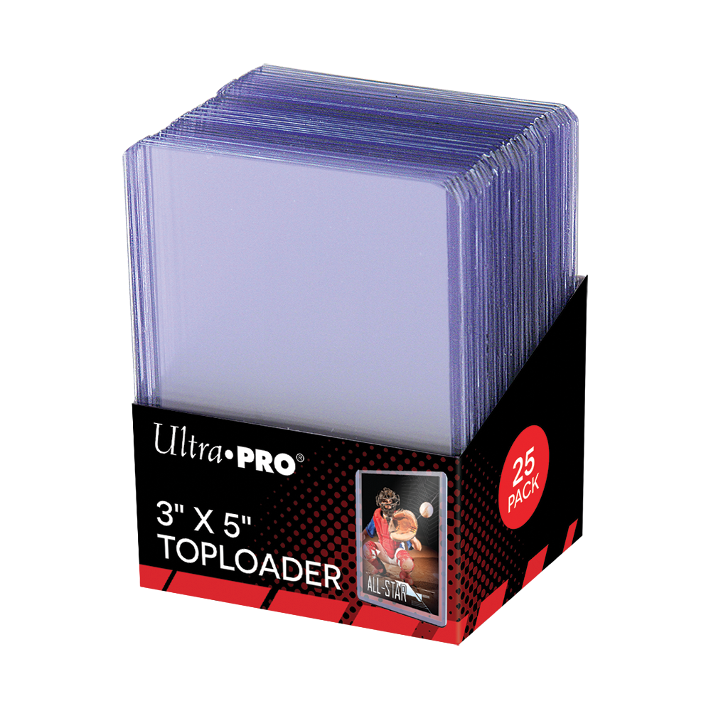 Stack of 25 clear Ultra PRO 3"x5" toploaders in a black and red box featuring a baseball card image