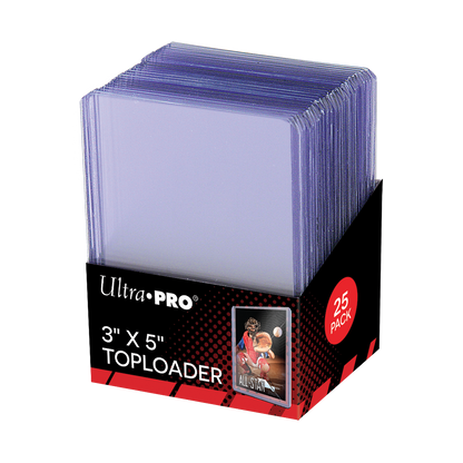 Stack of 25 clear Ultra PRO 3"x5" toploaders in a black and red box featuring a baseball card image