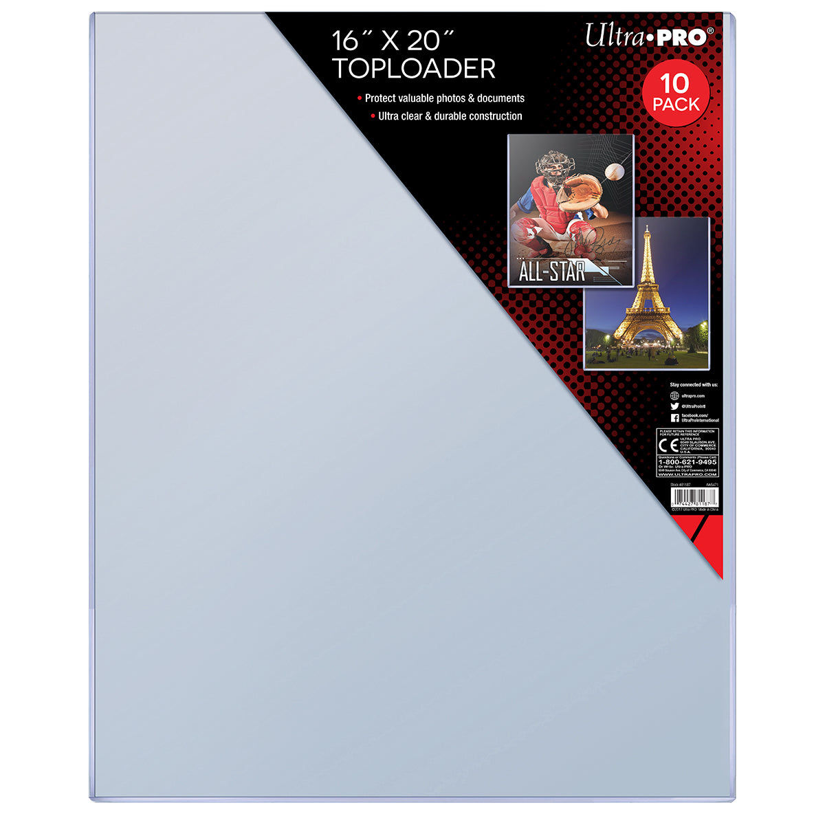 16x20 inch clear Ultra Pro toploader, a plastic sleeve for protecting photos & documents, shown in a 10-pack