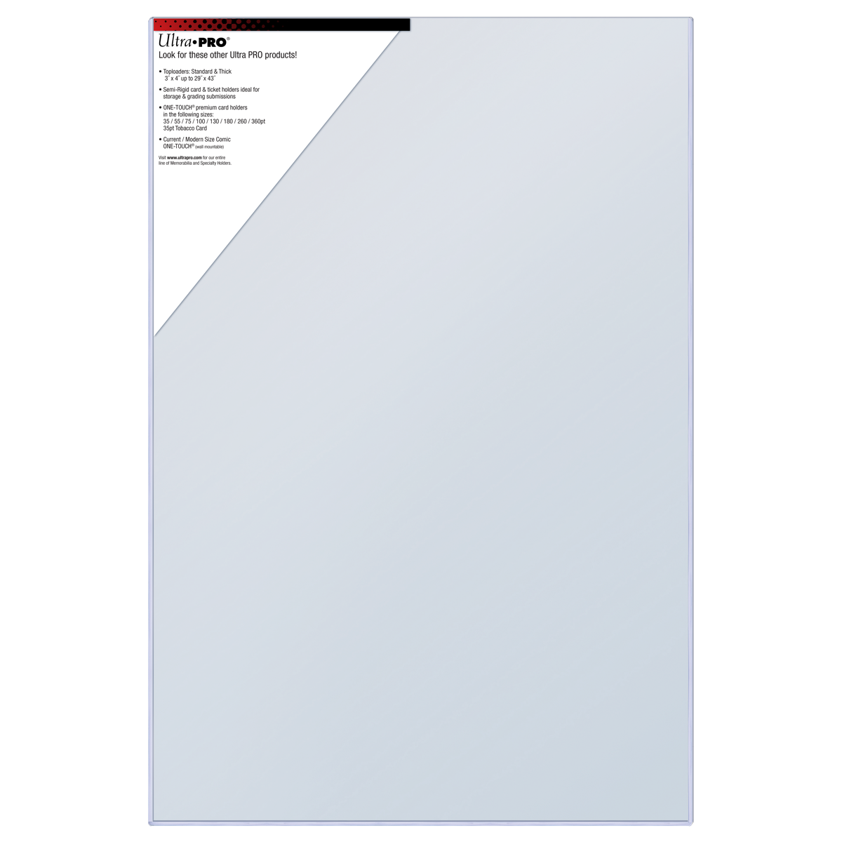 A clear rectangular Ultra Pro Collectible Storage Toploader is visible with product information text and a black stripe in its top left corner
