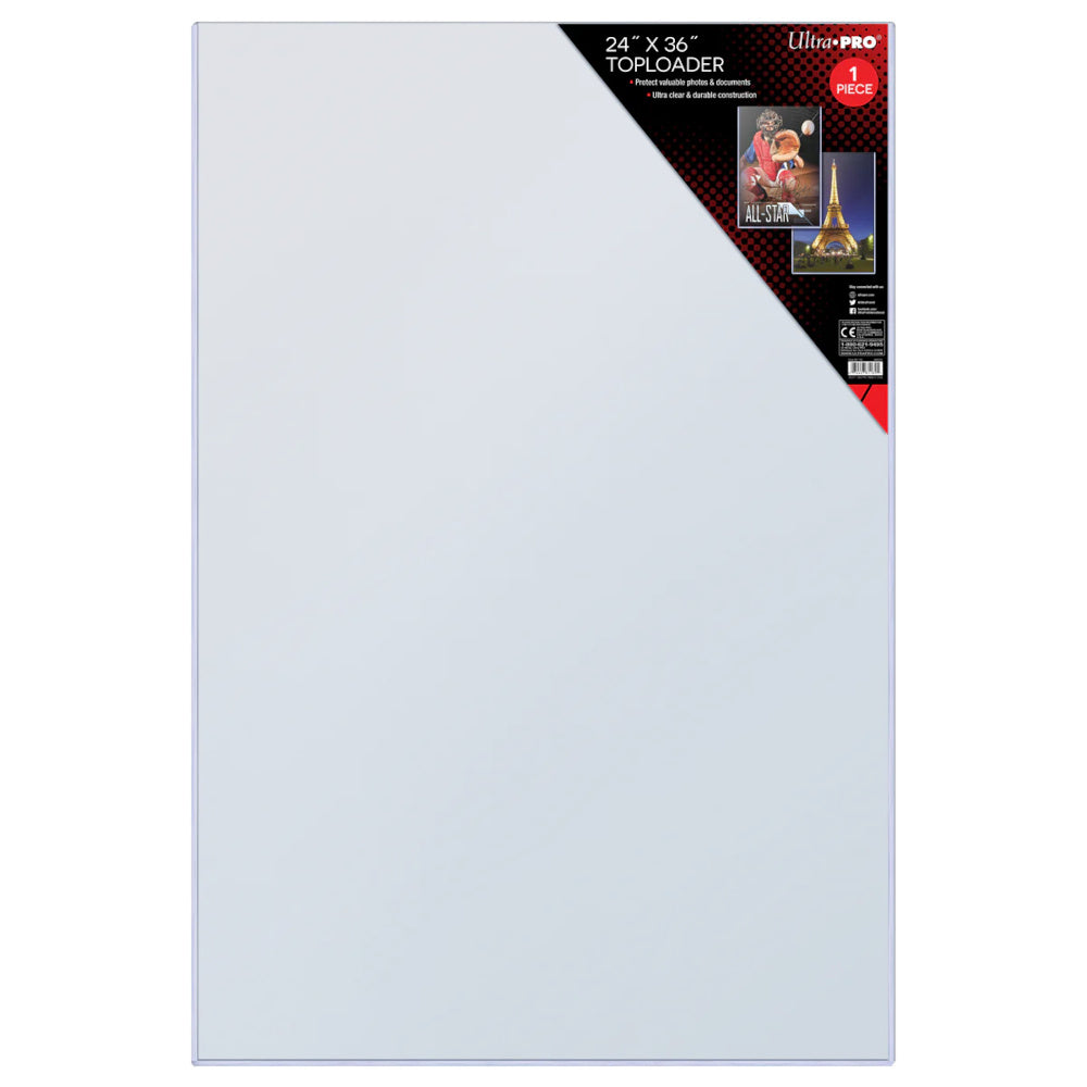 A clear 24x36 inch plastic toploader with a diagonal black and red label in the top right corner showing product details and small photos