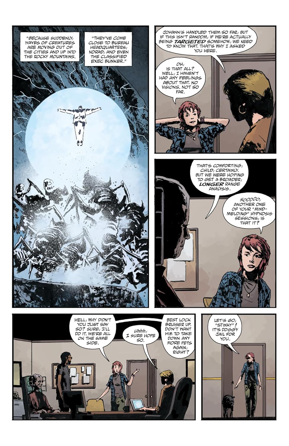 Comic page: A woman has a vision of a person floating above monstrous insects -  followed by conversations in an office