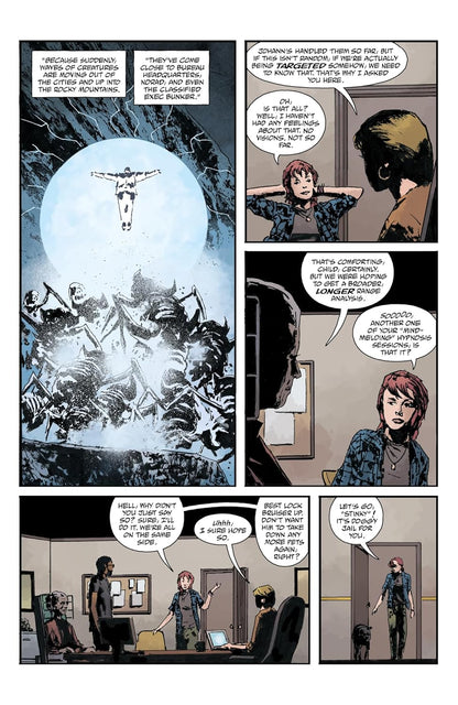 Comic page: A woman has a vision of a person floating above monstrous insects -  followed by conversations in an office