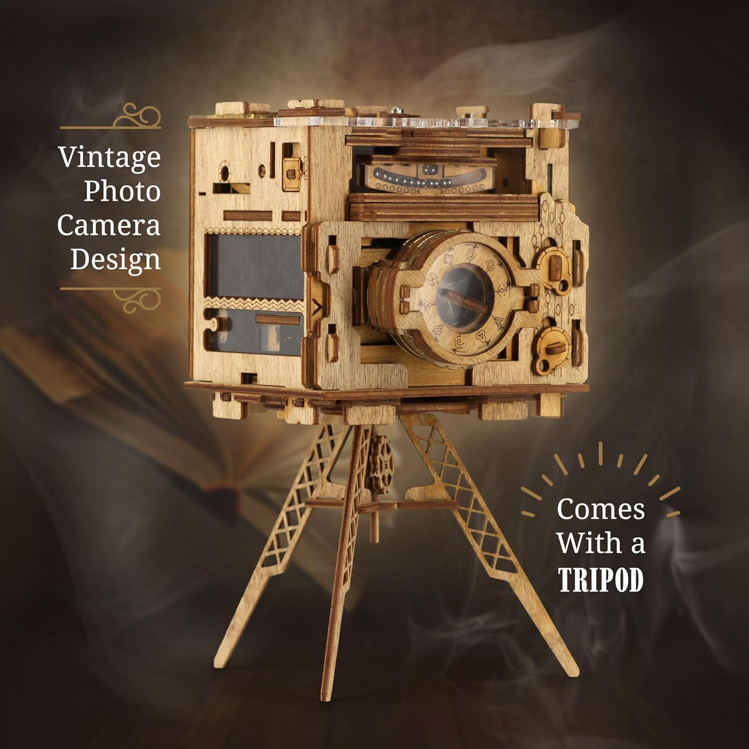 Wooden model of a vintage photo camera mounted on a detailed wooden tripod
