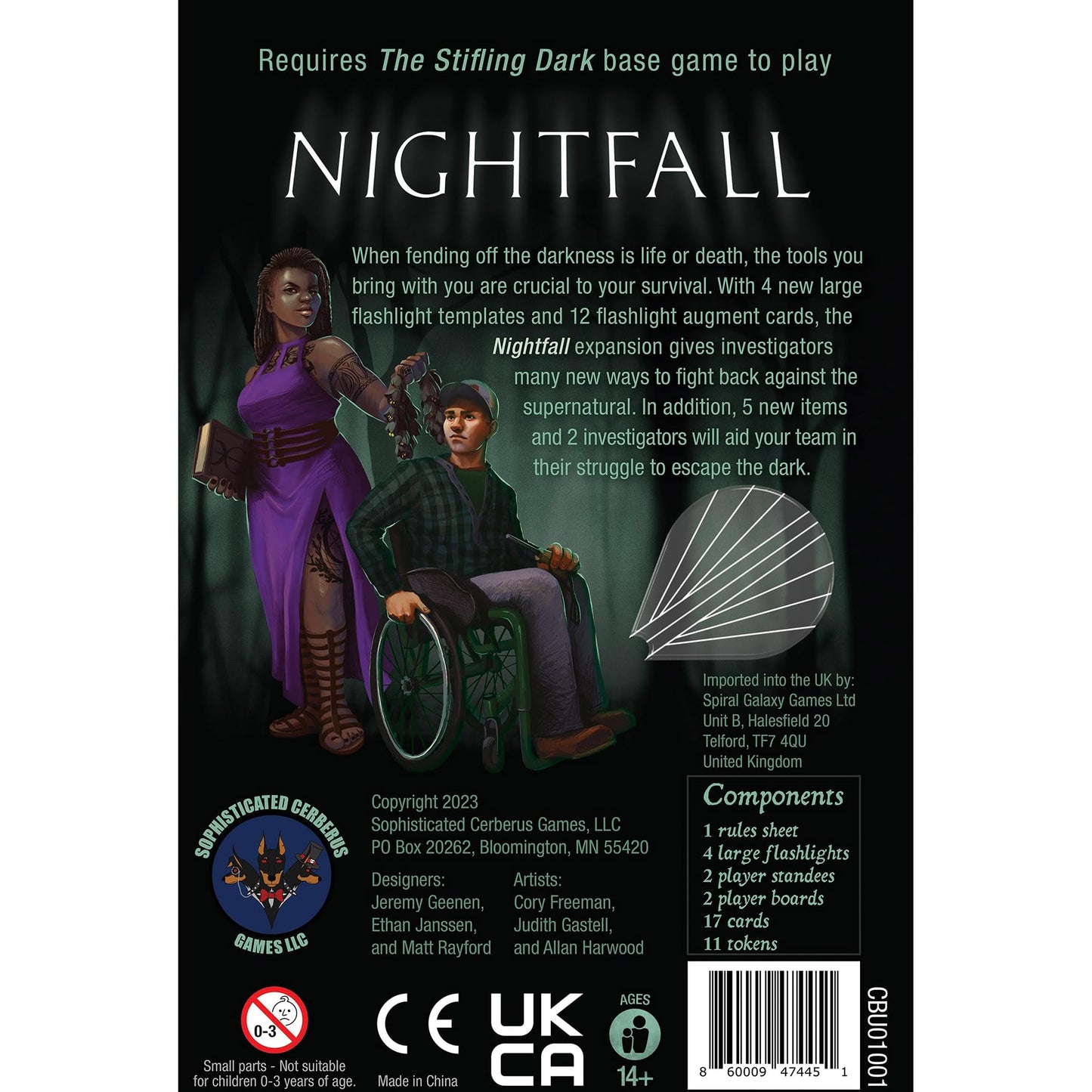 Back of Nightfall board game box showing two investigators and game information