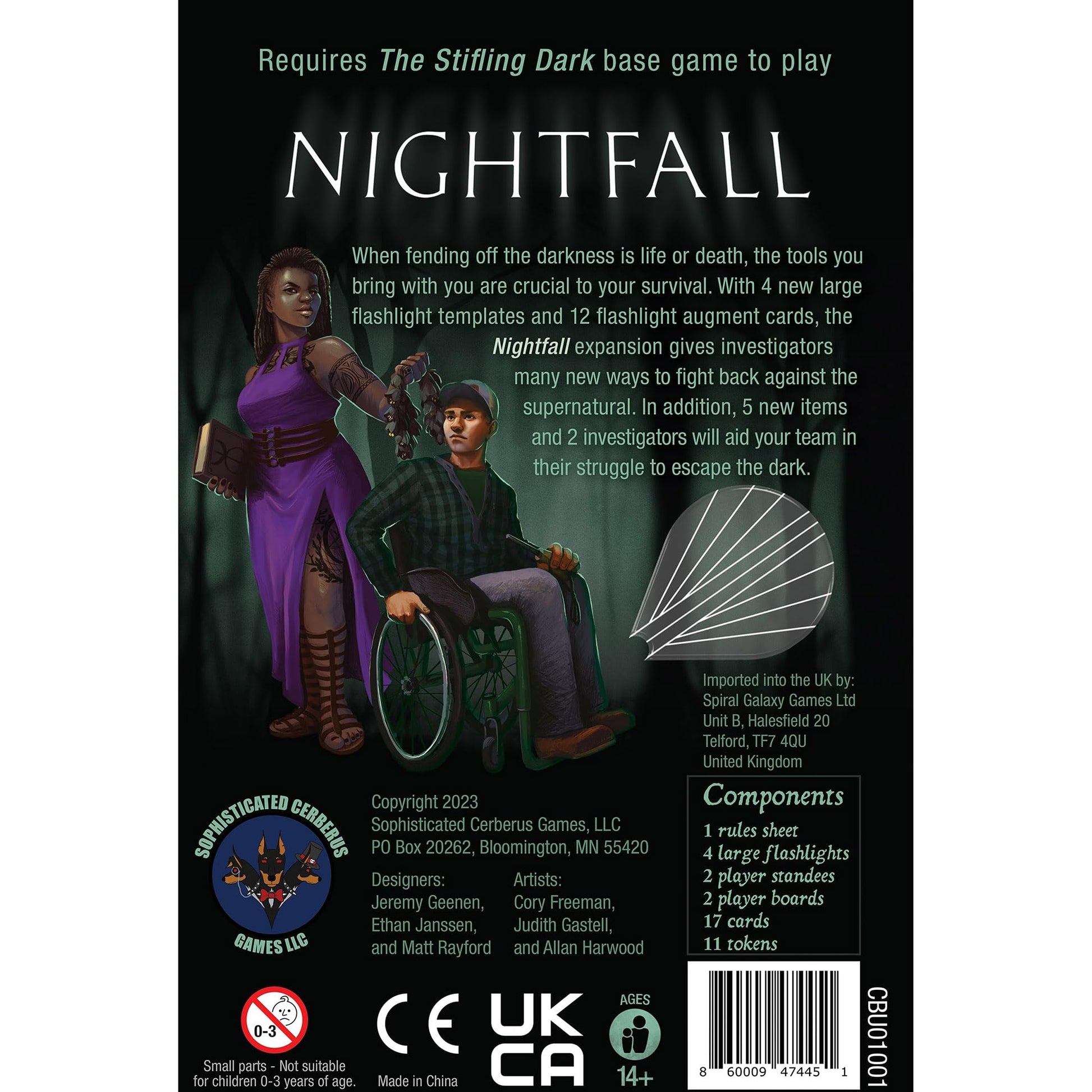 Back of Nightfall board game box showing two investigators and game information