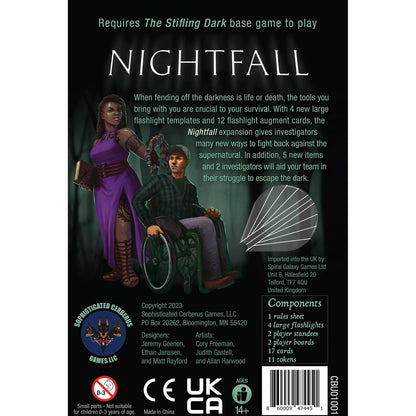 Back of Nightfall board game box showing two investigators and game information
