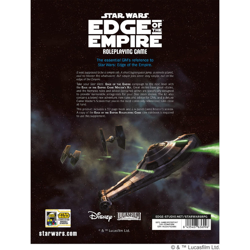 Back of cover a Star Wars spaceship fires green lasers while pursued by two TIE fighters in space for the Edge of the Empire RPG