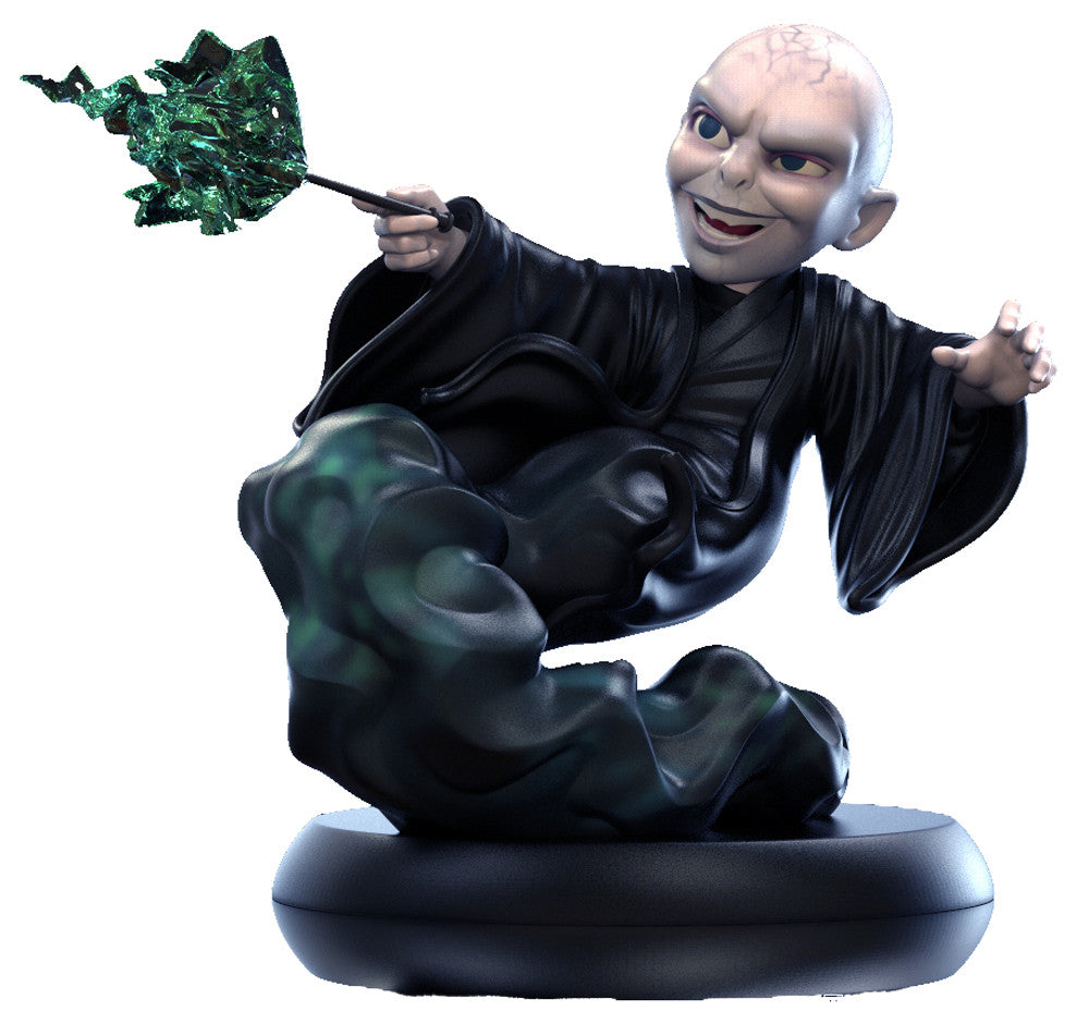Chibi Voldemort figurine in black robe casting a green spell with wand on a dark circular base