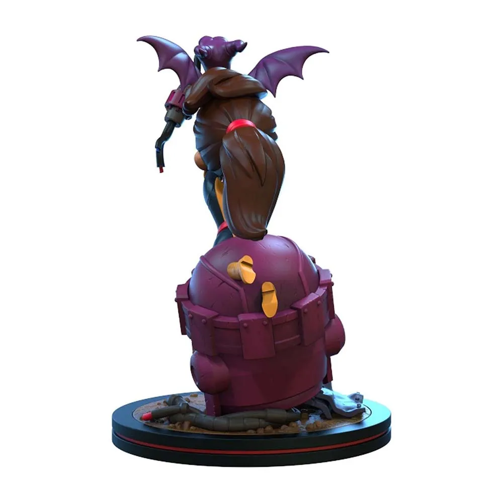 Purple and brown demon figure with wings and tail standing on a futuristic purple base