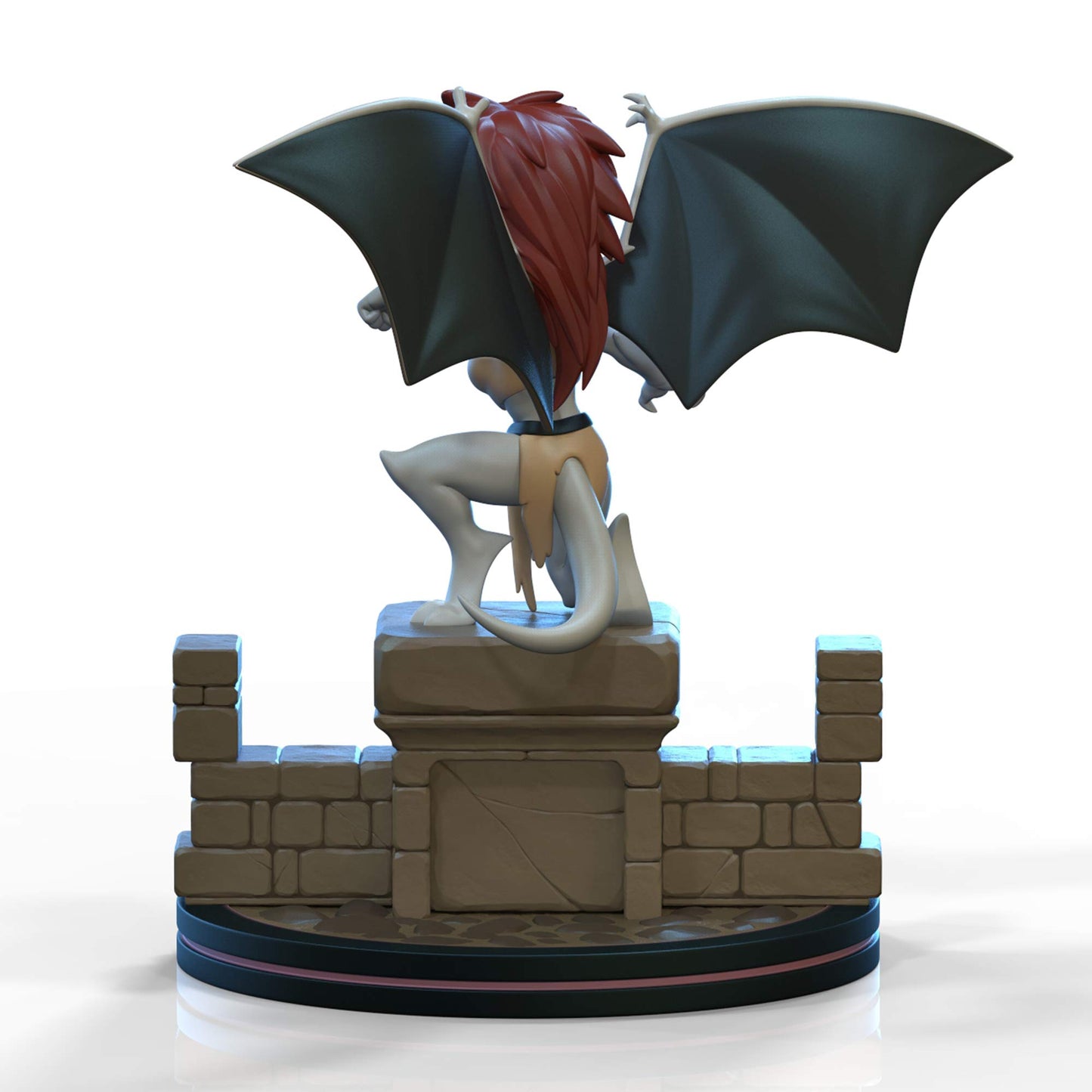 Digitally rendered stone gargoyle statue of a female figure with red hair and dark wings perched on a fortress base