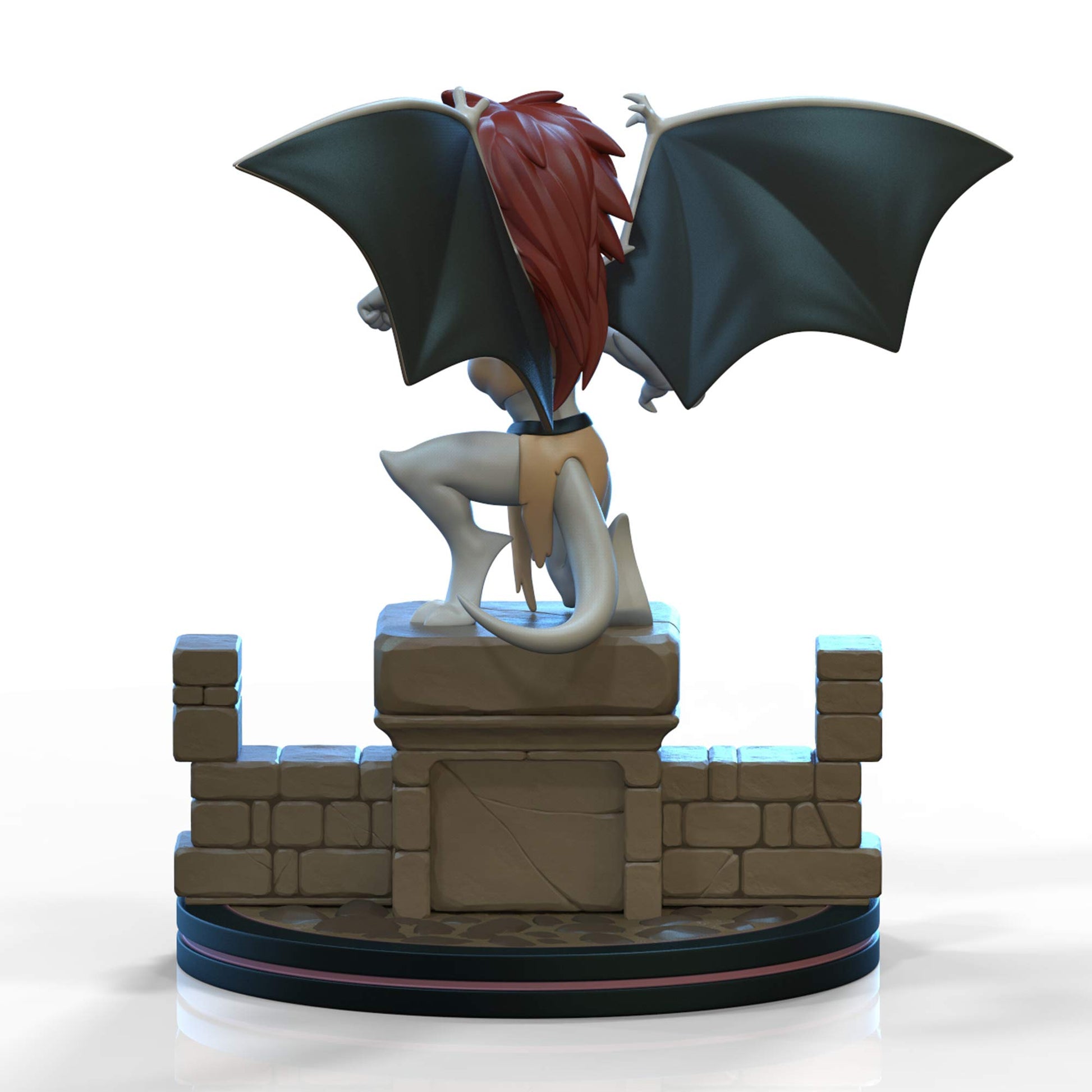 Digitally rendered stone gargoyle statue of a female figure with red hair and dark wings perched on a fortress base