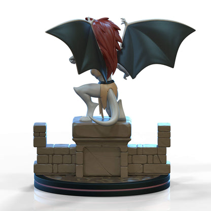 Digitally rendered stone gargoyle statue of a female figure with red hair and dark wings perched on a fortress base
