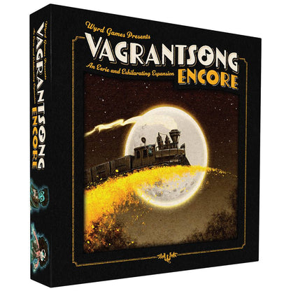 The Vagrantsong Encore expansion box by Wyrd Games displays a dark, eerie steam train rushing beneath a bright full moon and glowing yellow smoke