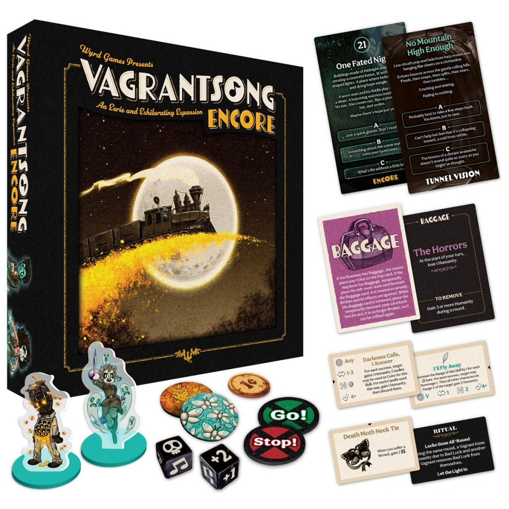 Vagrantsong Encore expansion components, including the box depicting a glowing train, two character standees, custom dice, assorted tokens, and several game cards, are showcased