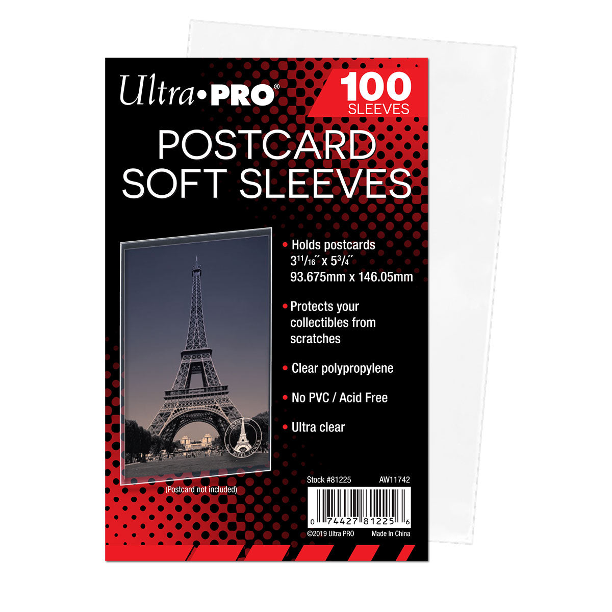 Ultra PRO Postcard Soft Sleeves package, showing a clear sleeve holding an Eiffel Tower postcard