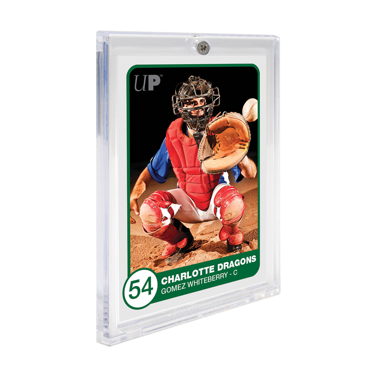 A baseball trading card in a clear protective case, showing a catcher catching a ball