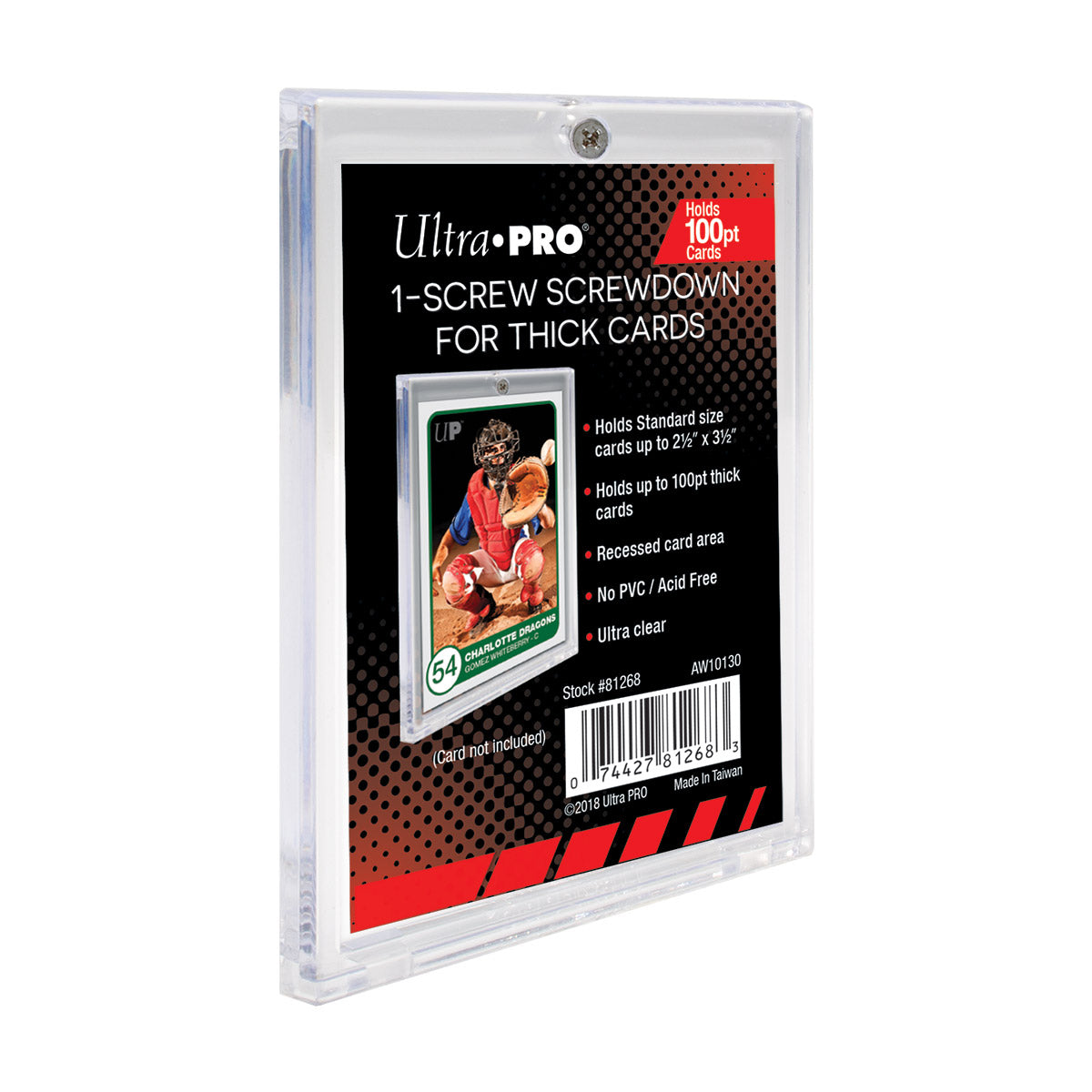 Clear Ultra PRO 1-screw screwdown case for thick trading cards, packaging details features and shows a baseball card