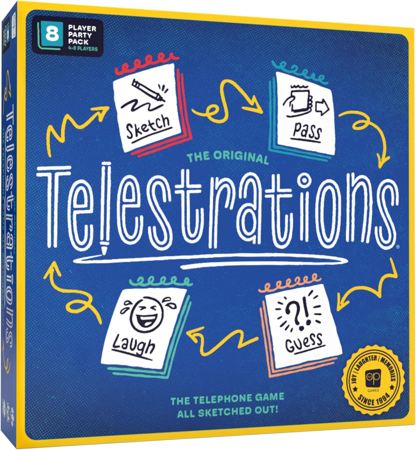 Telestrations party game box, Blue cover illustrating the steps: Sketch, Pass, Guess, and Laugh
