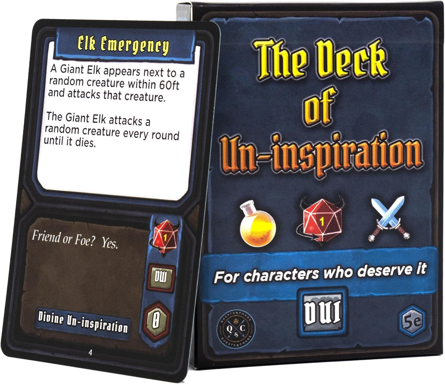 A dark blue 'The Deck of Un-inspiration' game box next to an 'Elk Emergency' card detailing a Giant Elk attack for 5e RPG
