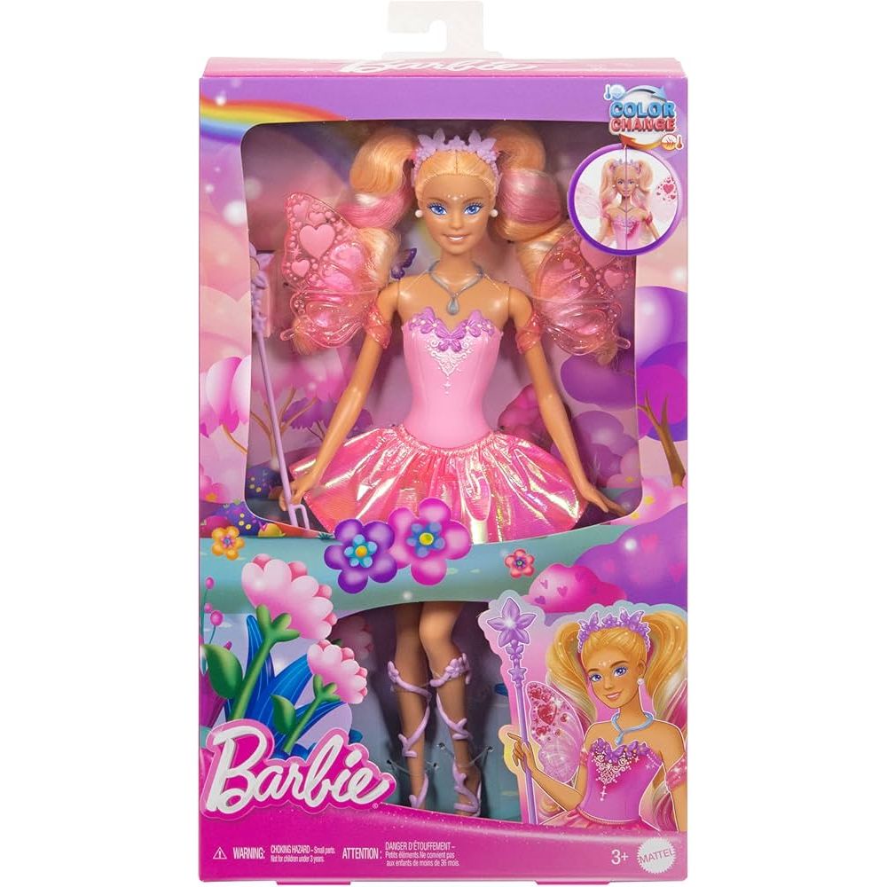 A blonde Barbie Fantasy colour Change Fairy doll in a pink outfit with wings and staff is displayed in a vibrant pink and purple box with a clear window and floral designs