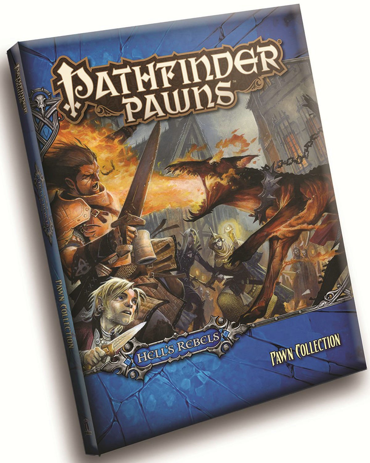 Pathfinder Pawns: Hell's Rebels box cover. Warrior fights a fiery, snarling demon-dog in a fantasy battle.