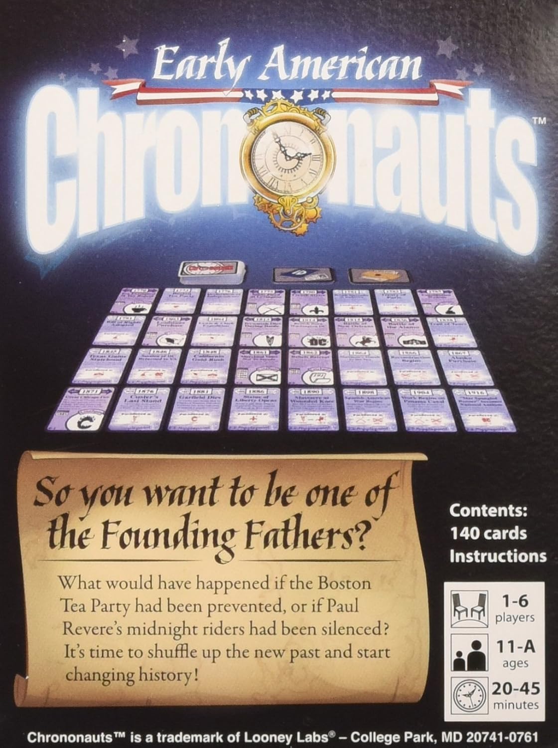 An "Early American Chrononauts" game box, featuring a gold pocket watch, historical cards, and "Founding Fathers" text.
