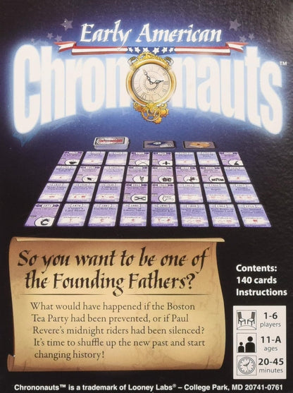 An "Early American Chrononauts" game box, featuring a gold pocket watch, historical cards, and "Founding Fathers" text.