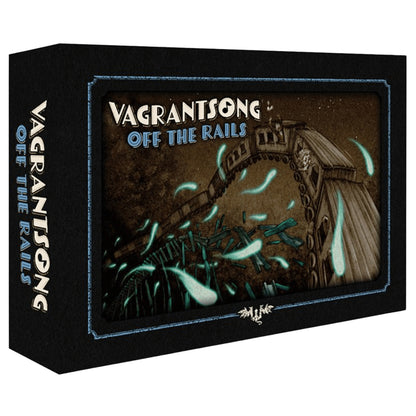 This is the black box packaging for Vagrantsong Off The Rails, showcasing a dark illustration of a derelict wooden coaster and glowing teal spirit fragments