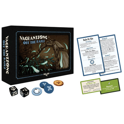 The Vagrantsong Off The Rails board game expansion box features dark artwork of a spooky bridge with glowing elements, accompanied by dice, various tokens, and game event cards