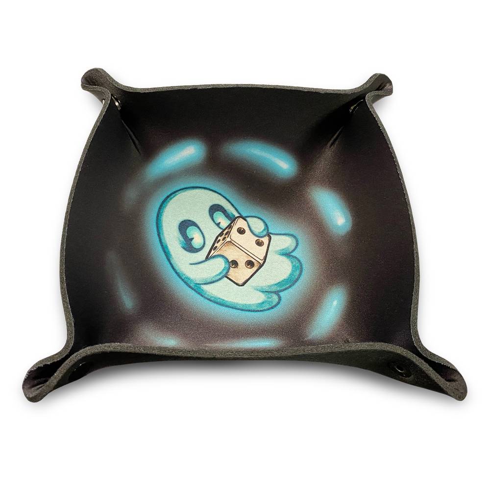 A square black neoprene dice tray displaying a centralized illustration of a luminous blue ghost carefully holding a wooden-toned gaming die