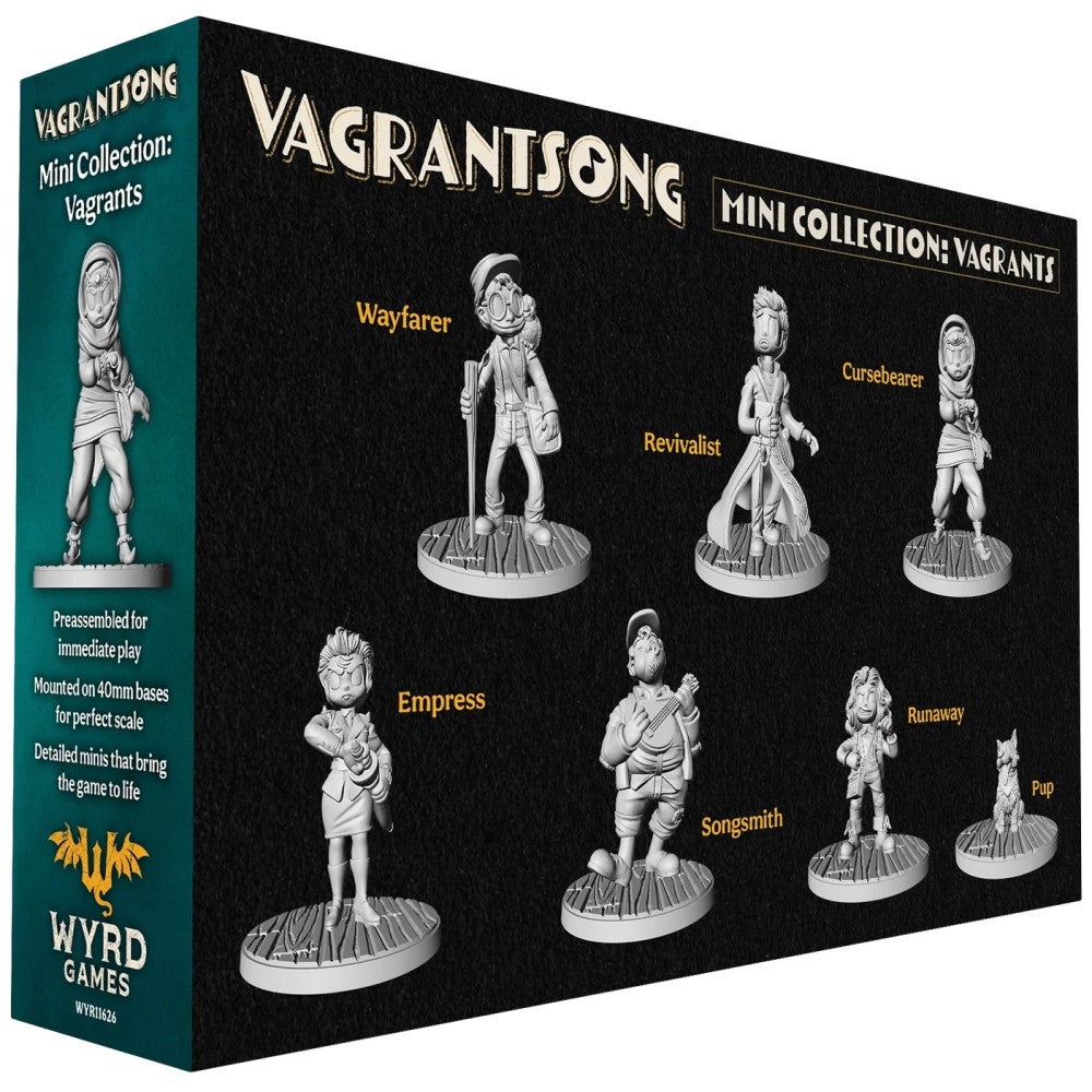 Packaging for the Vagrantsong Mini Collection shows seven detailed, preassembled plastic miniatures mounted on 40mm bases by Wyrd Games