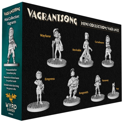Packaging for the Vagrantsong Mini Collection shows seven detailed, preassembled plastic miniatures mounted on 40mm bases by Wyrd Games