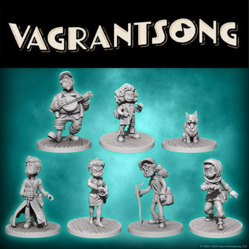 The Vagrantsong Mini Pack display shows seven unpainted grey character miniatures including a dog, a banjo player, and various wanderers ready for assembly