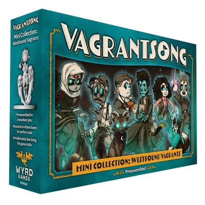 This teal packaging for the Vagrantsong Westbound Vagrants Mini Collection displays stylized art of six distraught spectral figures and their animal companions