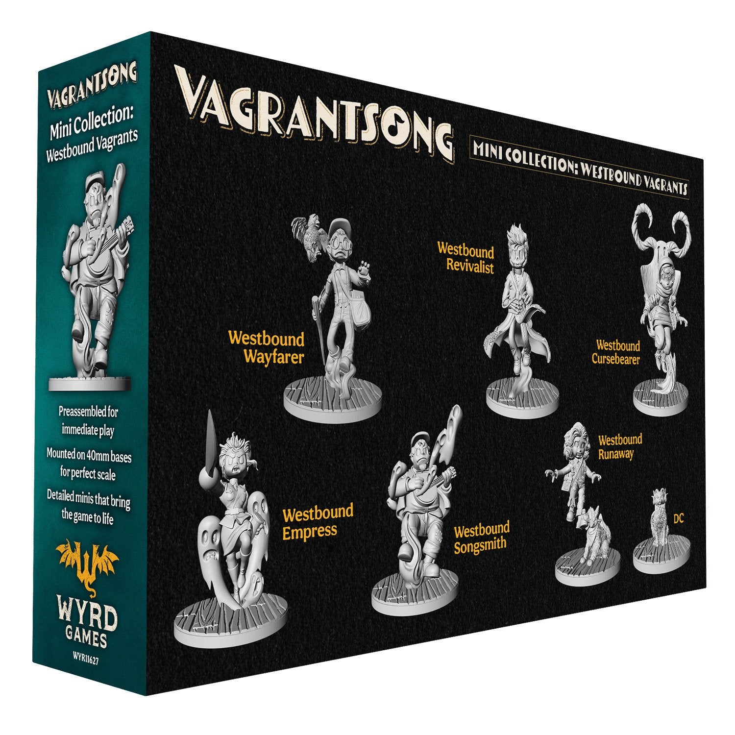 A black box packaging displays seven preassembled grey miniatures from the Vagrantsong Westbound Vagrants Mini Collection mounted on 40mm bases