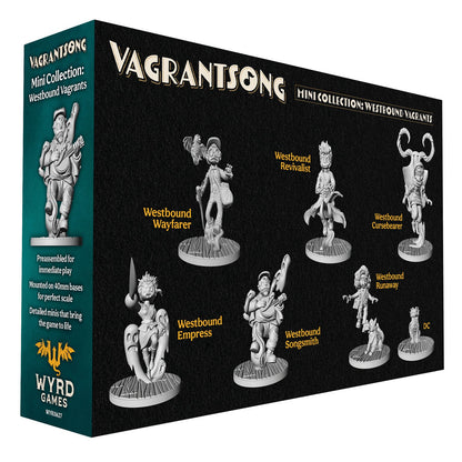 A black box packaging displays seven preassembled grey miniatures from the Vagrantsong Westbound Vagrants Mini Collection mounted on 40mm bases