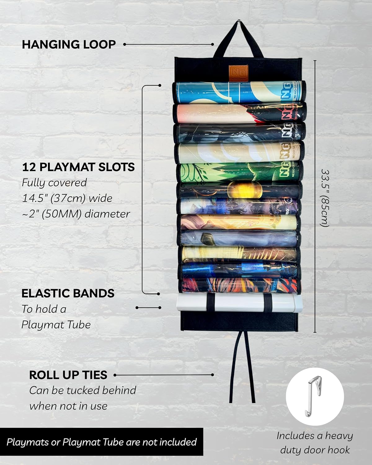 Hanging black organizer for 12 rolled playmats, with labeled features and dimensions