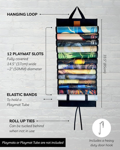 Hanging black organizer for 12 rolled playmats, with labeled features and dimensions