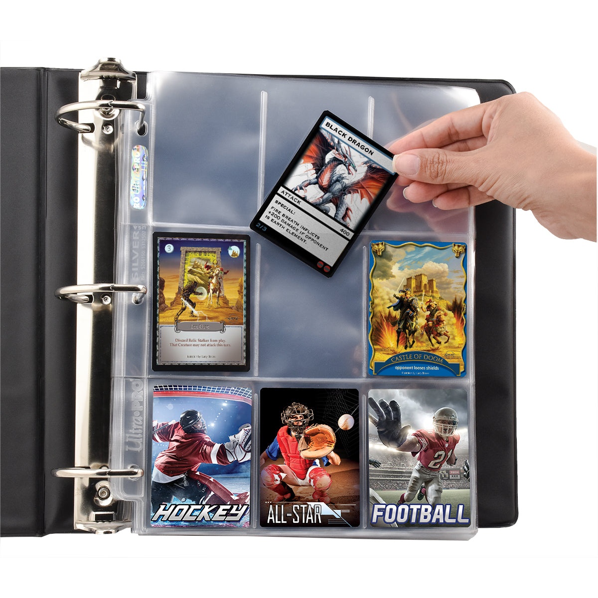 A person places a Black Dragon trading card into a clear Ultra Pro 9-pocket refill page holding various fantasy and sports cards in a black binder