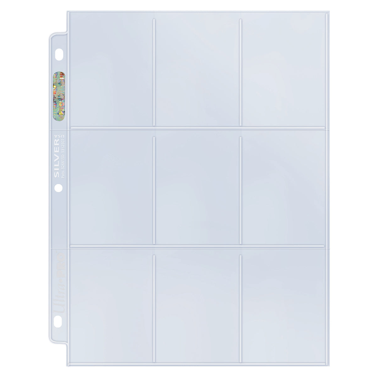 A clear, empty nine-pocket refill page for cards with three binder holes on the left side
