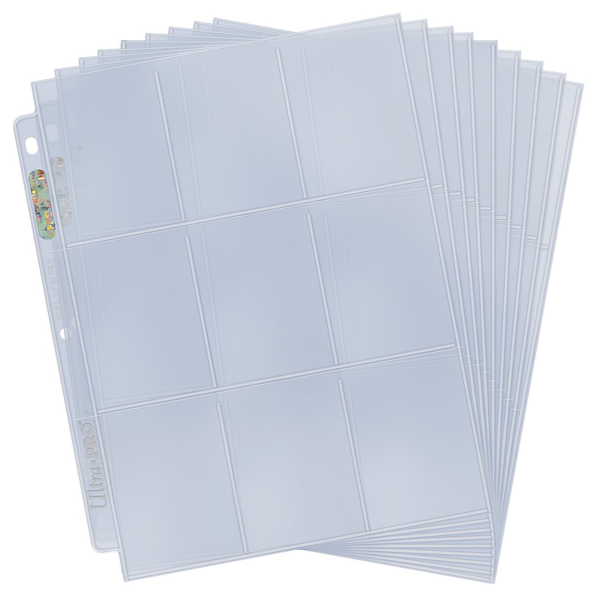 A fanned stack of clear 9-pocket refill pages for standard size cards with binder holes along the left edge