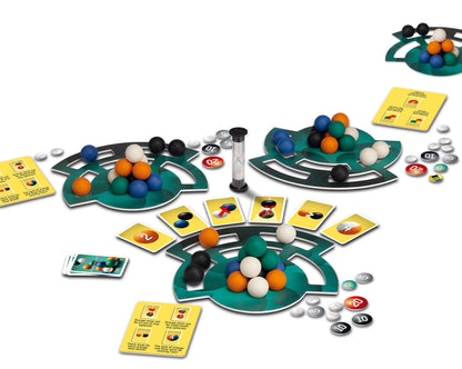 A "Dimensions" board game setup with multiple green puzzle boards, stacks of colorful spheres, yellow challenge cards, numbered tokens, and a small hourglass timer on a white background