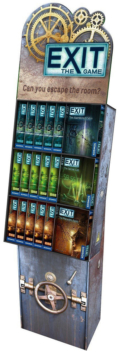 A steampunk-themed Exit the Game Floor POP Display shaped like a safe, showcasing multiple game editions with a sign asking Can you escape the room