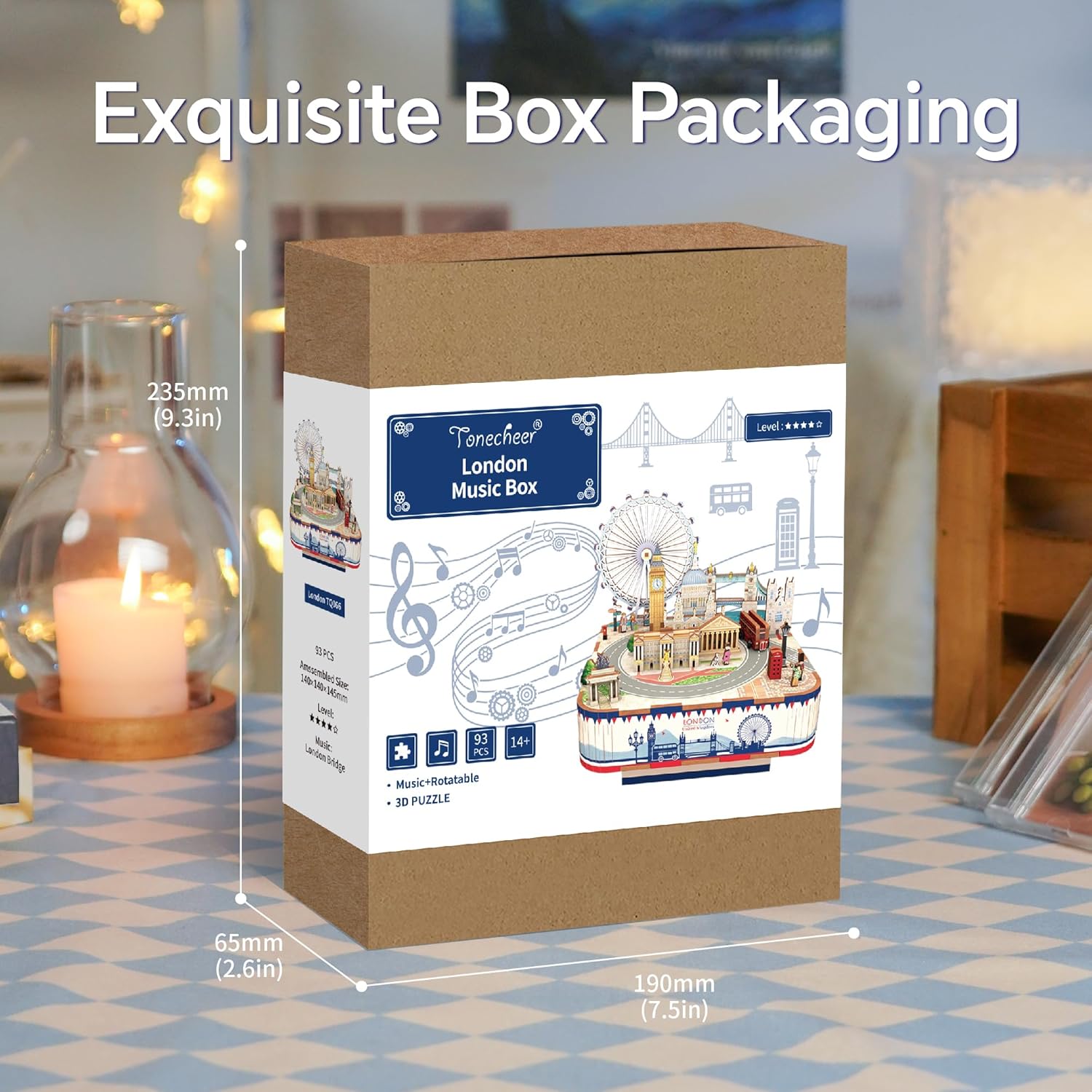 Brown cardboard box packaging for a 3D London Music Box puzzle, detailing landmarks, specs, and dimensions