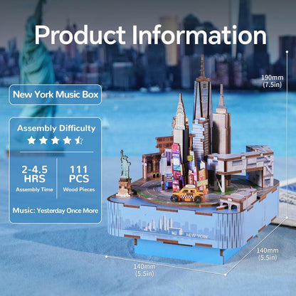 DIY wooden puzzle music box showing a detailed New York City skyline model and product assembly statistics